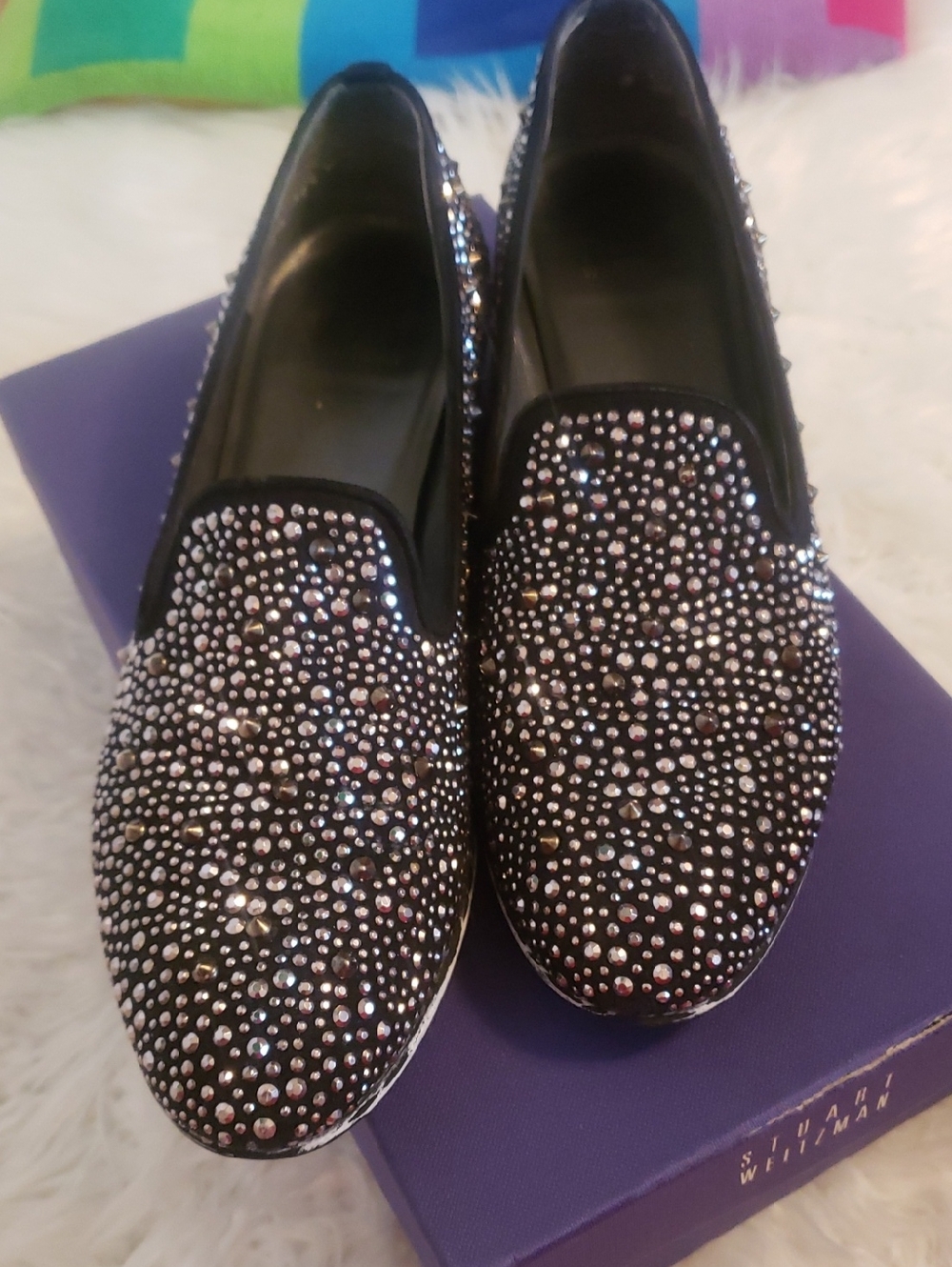 Stuart Weitzman Black Crystal-Studded Slip-On Flats